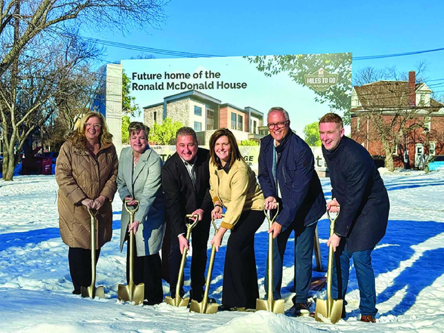 The sod turning for Ronald McDonald House in Regina. From left are Minister of Rural and Remote Health Lori Carr, RMHC ambassadors Tricia Slobodian and Craig Slobodian, CEO of Ronald McDonald House Charities Saskatchewan Tammy Forrester, Co-chair of the Fundraising Campaign Craig Lothian, and Saskatchewan Minister of Health Jeremy Cockrill.